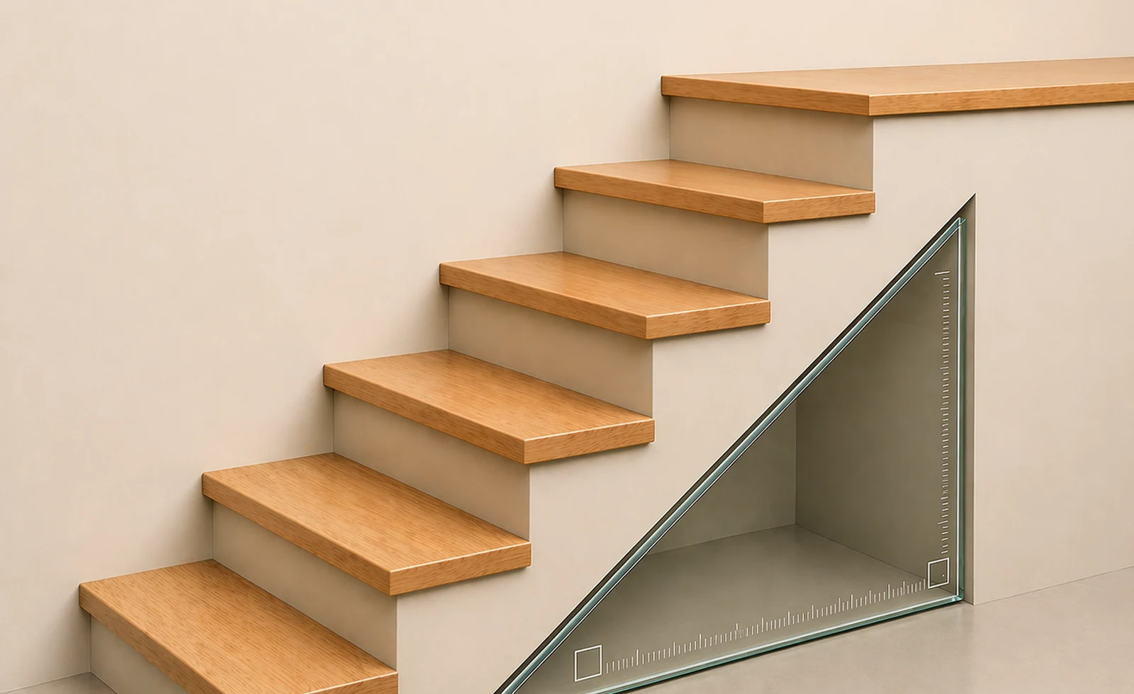 Wooden stair with a triangular ruler positioned under the stair for dimension planning